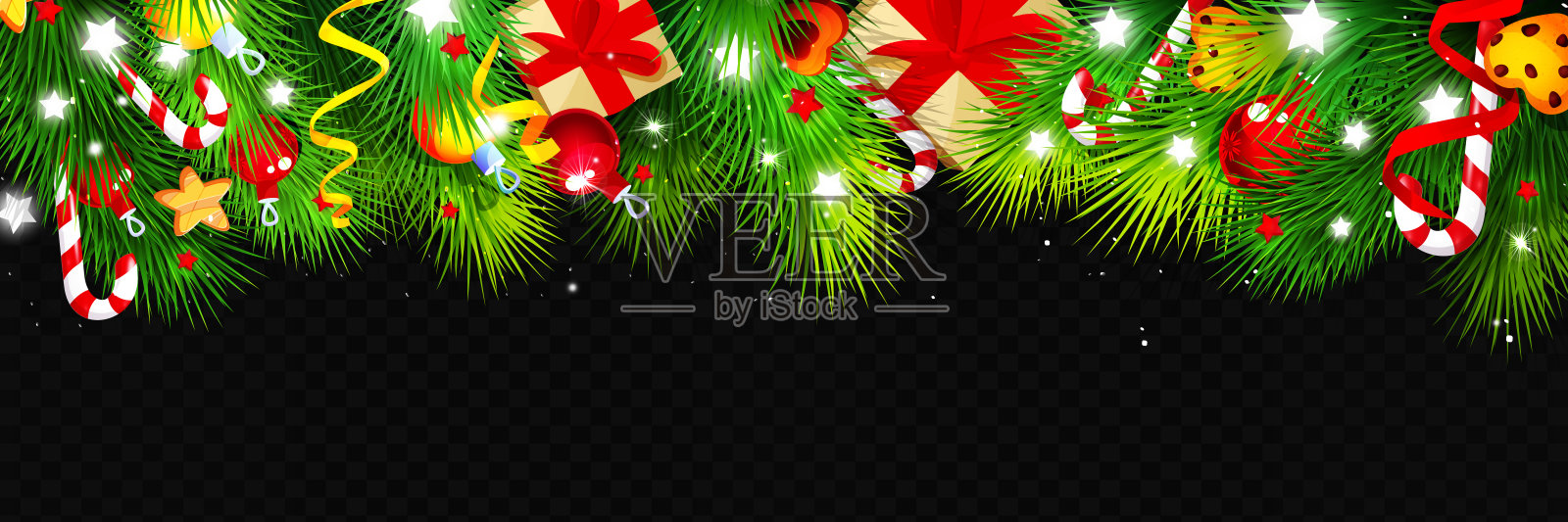 装饰华丽的冷杉树枝，配有棒棒糖、圣诞树球、礼物和五彩纸屑，背景为纯色。创意矢量节日新年长图。插画图片素材