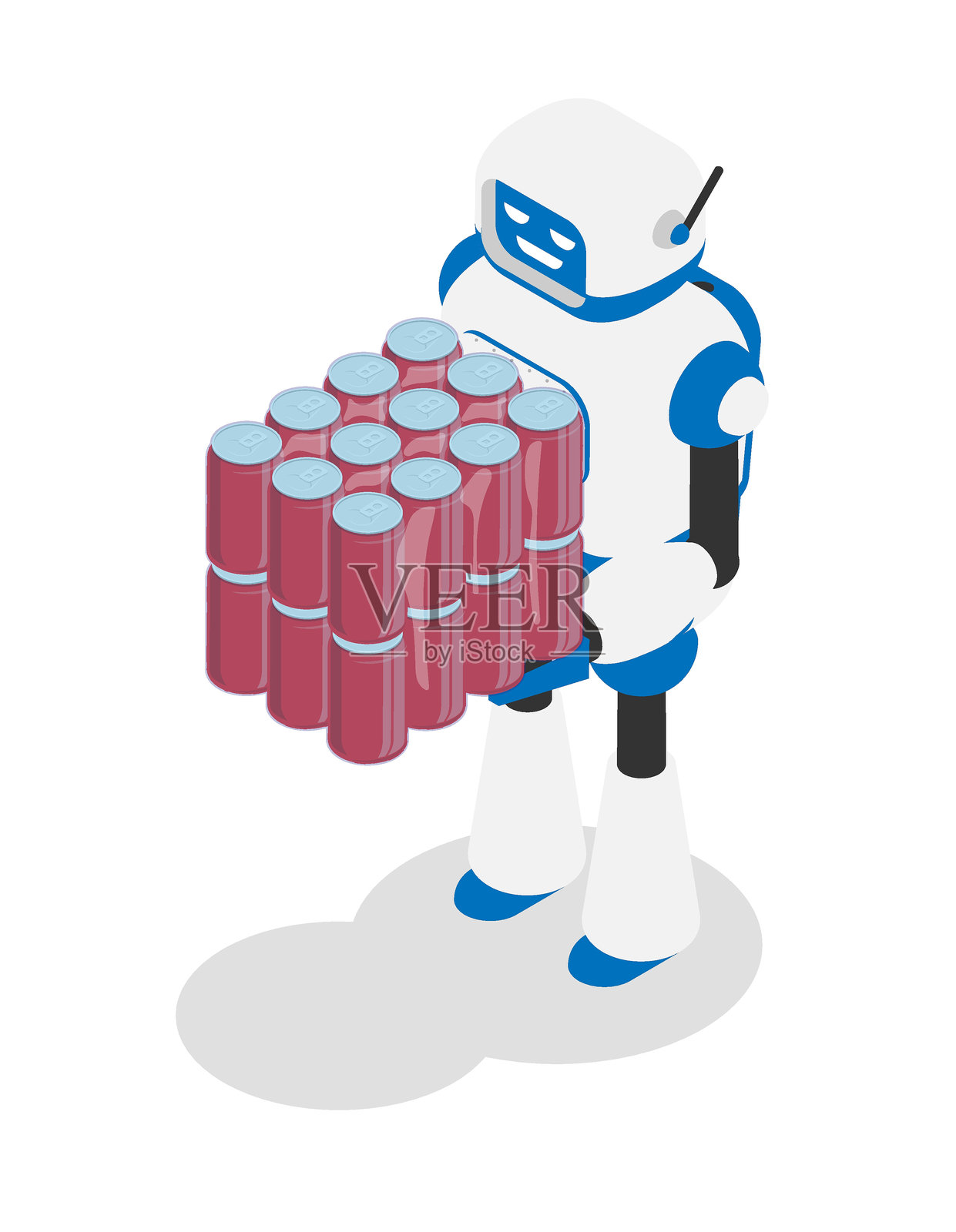 机器人店员装载机将重型饮料罐包裹运送到货物装载区。未来科技。白色背景上的孤立矢量图。插画图片素材