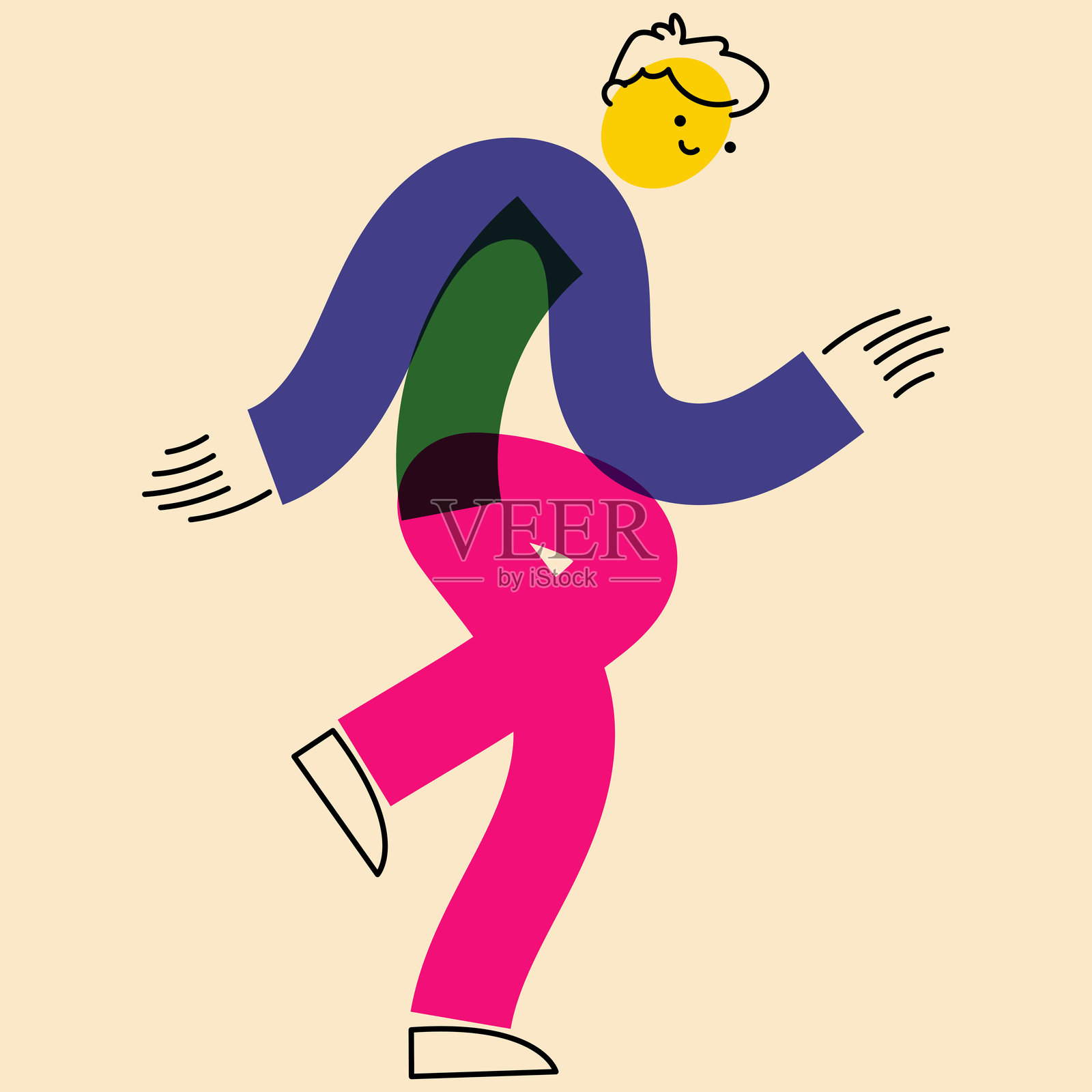 几何平面风格的人物角色。一个活跃的男士，正在移动。仿真丝网印刷效果。适用于社交网络、海报、横幅和面料设计。插画图片素材