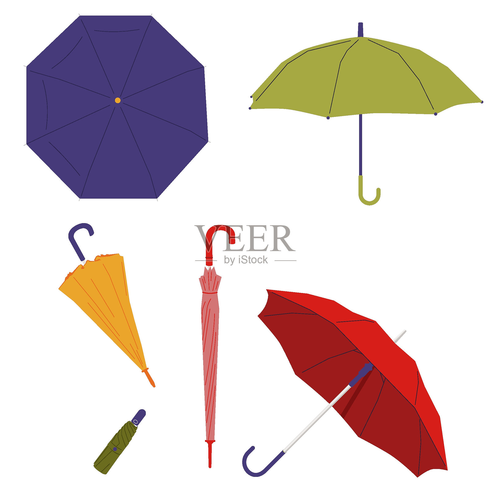 打开、关闭和折叠的雨伞套装。雨天防护伞。带把手的保护配件。插画图片素材