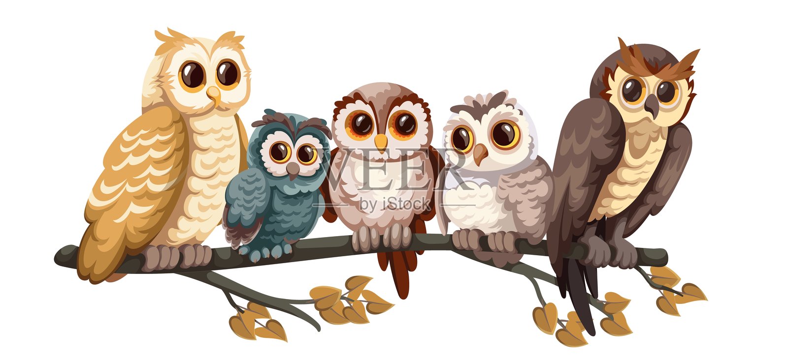 可爱的卡通猫头鹰家庭栖息在树上插画图片素材