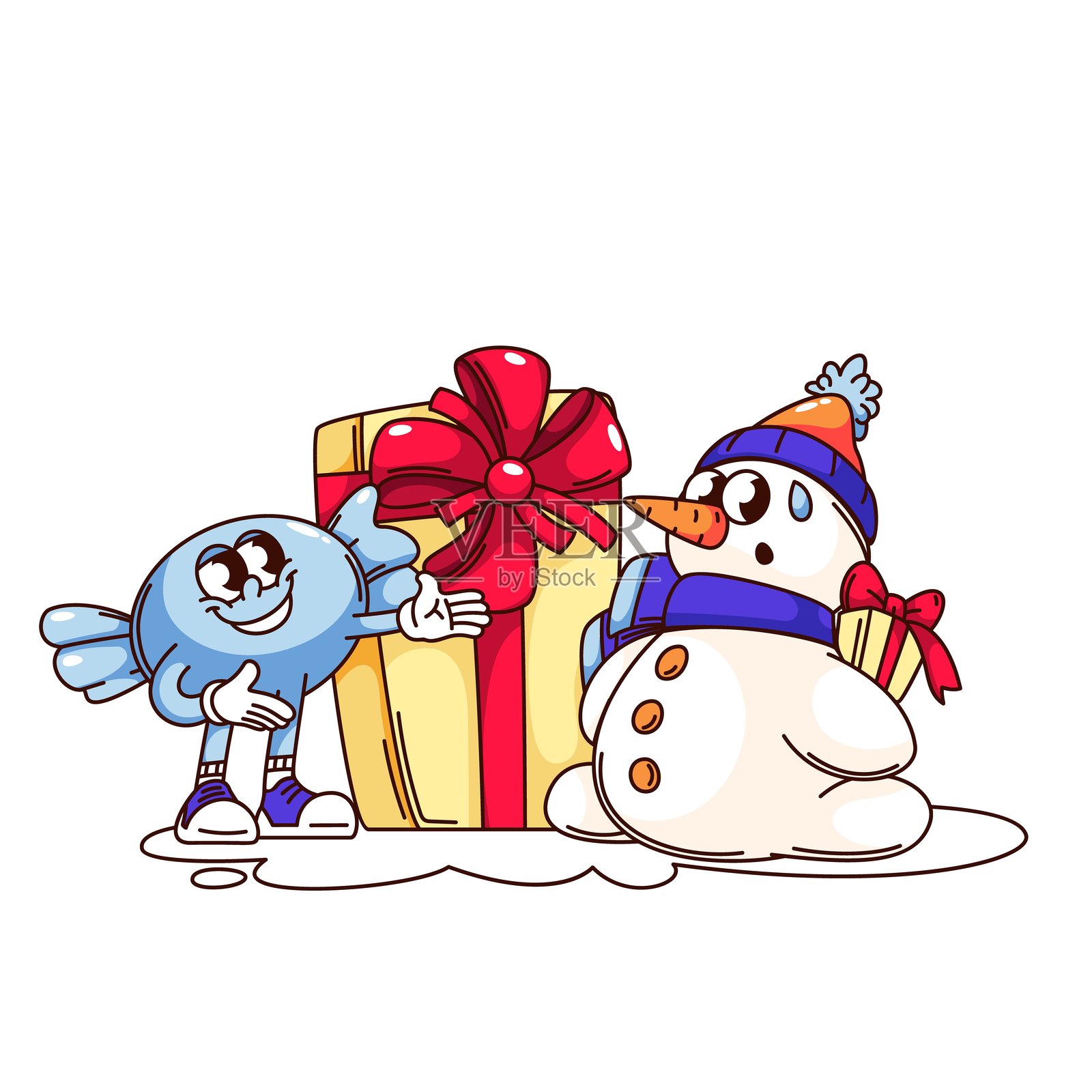 时髦的雪人和糖果卡通角色与圣诞礼物盒插画图片素材