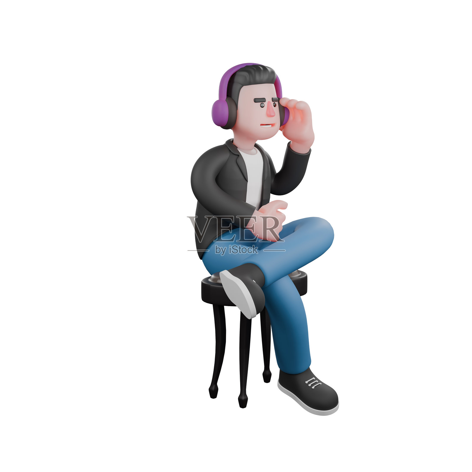 3D 动画音乐艺术家。一位男性音乐家坐着，专注地戴着耳机聆听。卡通表演者。照片摄影图片