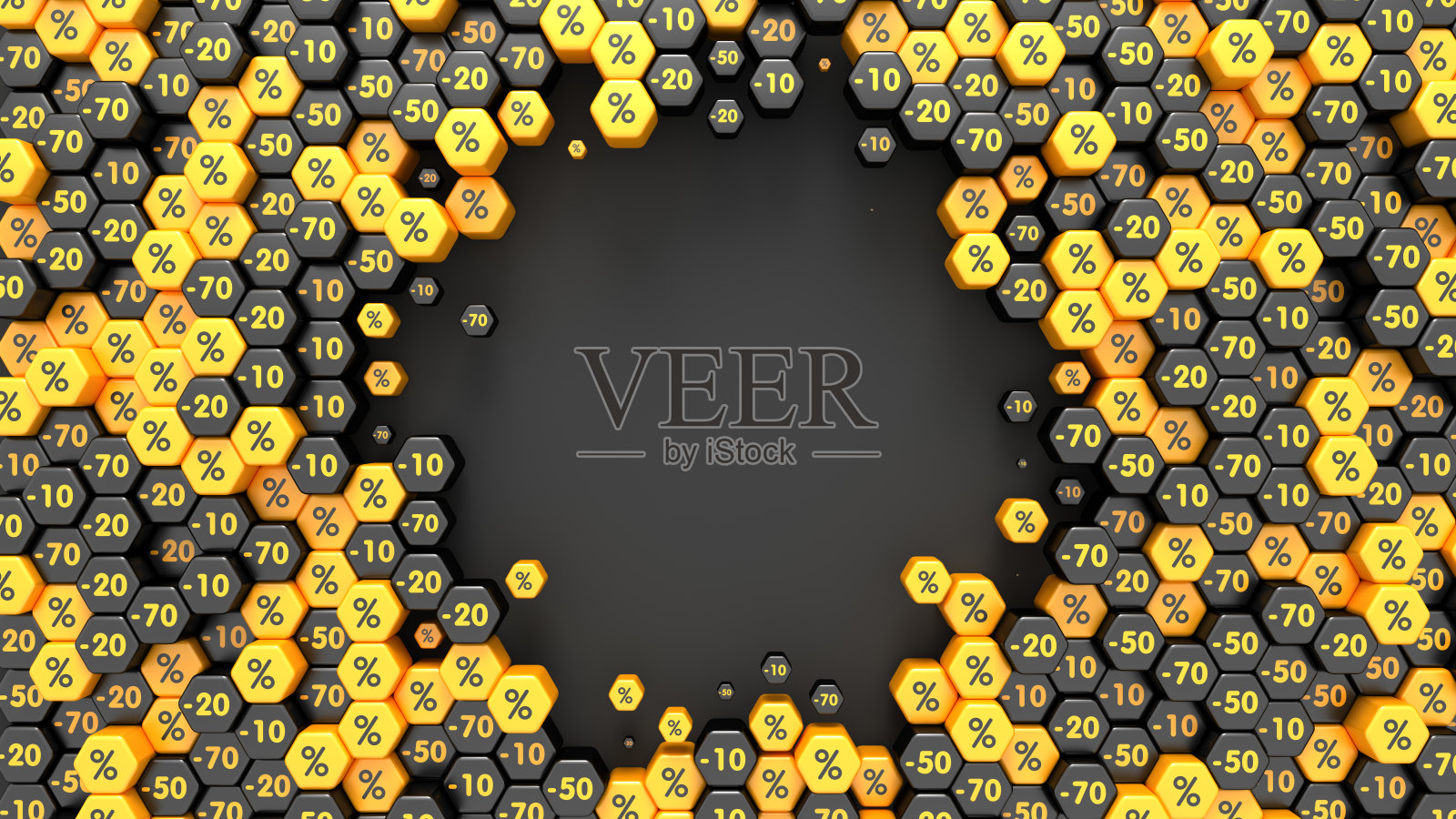 黑色背景上，黑色和黄色的六边形与百分号溅洒在一起。广告横幅。黑色星期五及其他季节性促销。照片摄影图片