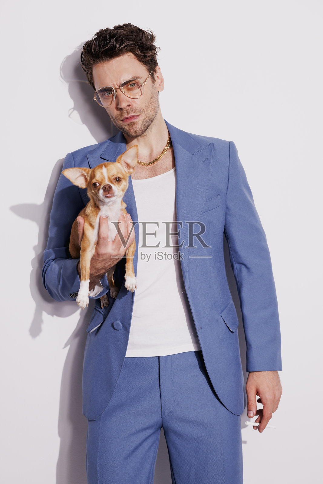 时尚的棕发男士戴着眼镜，身穿西装，手里抱着一只吉娃娃和一根香烟，背景为白色。照片摄影图片