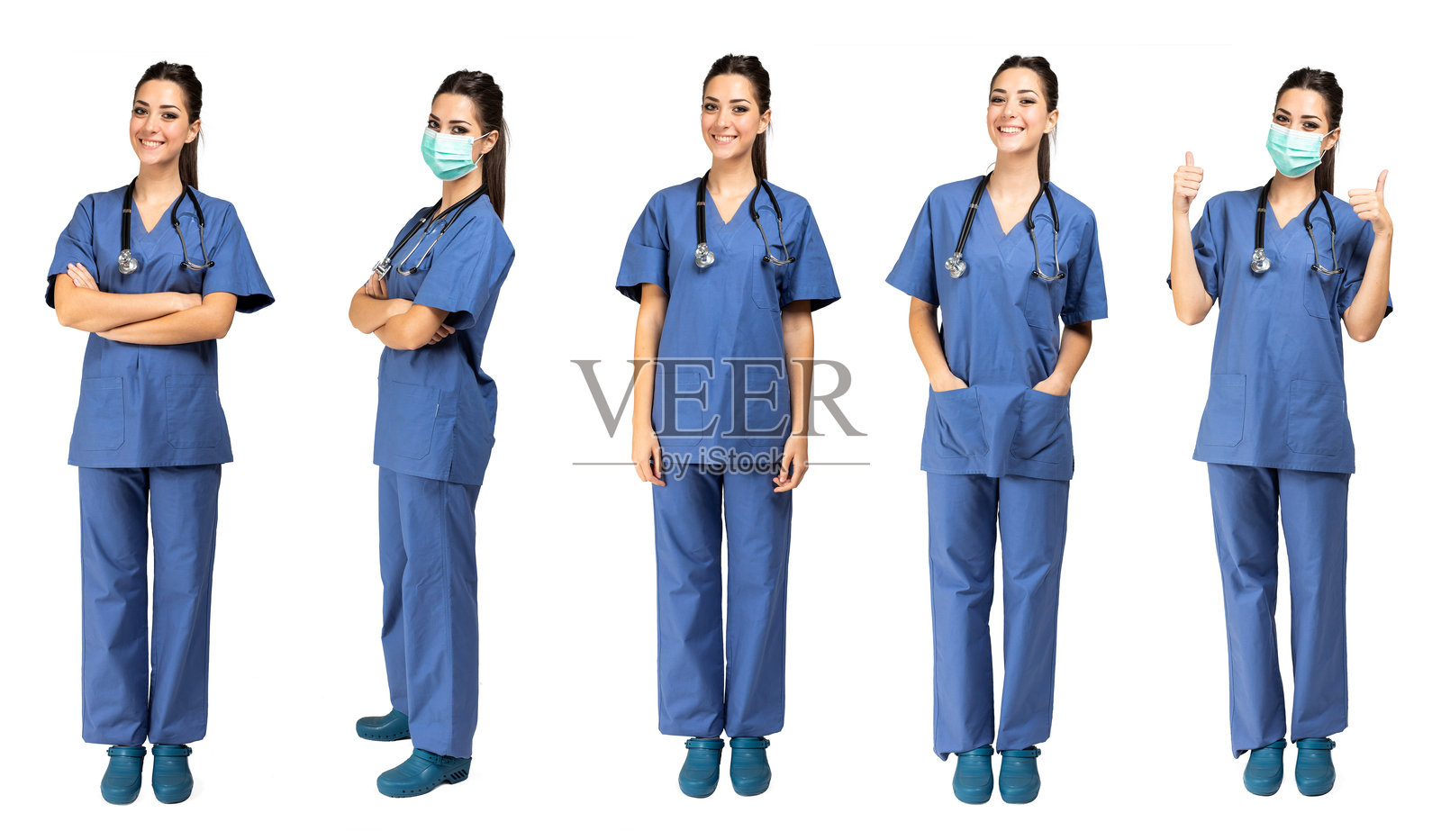 年轻女性医生或护士穿着护士服和听诊器，摆出五种不同的姿势。照片摄影图片