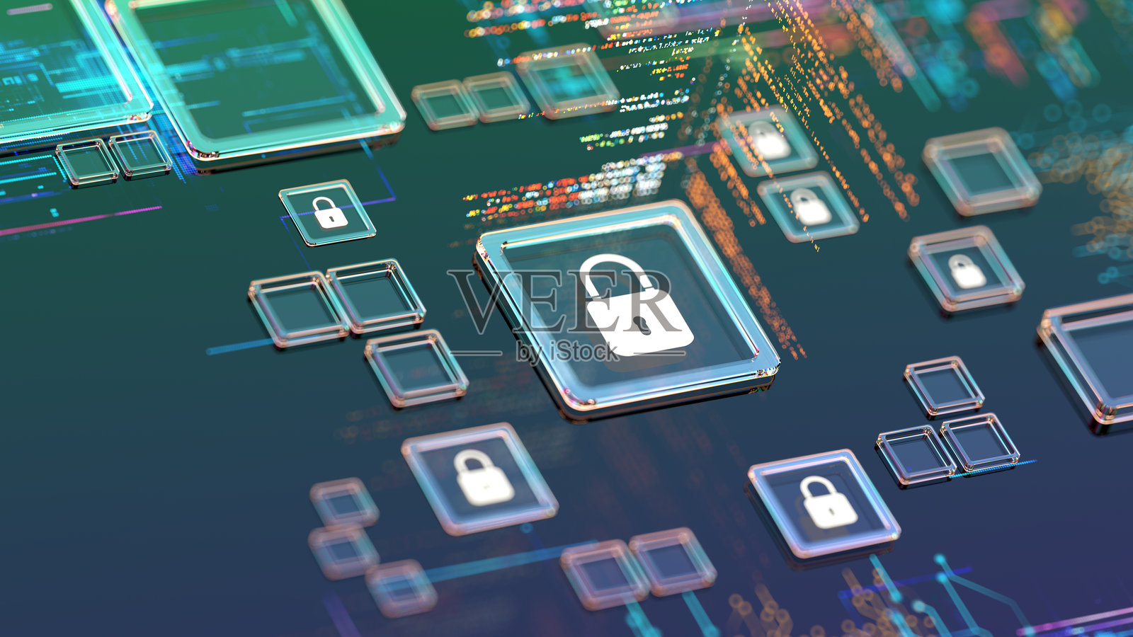 数字安全概念。保护数据。CPU上的锁标志。数据泄露概念。照片摄影图片