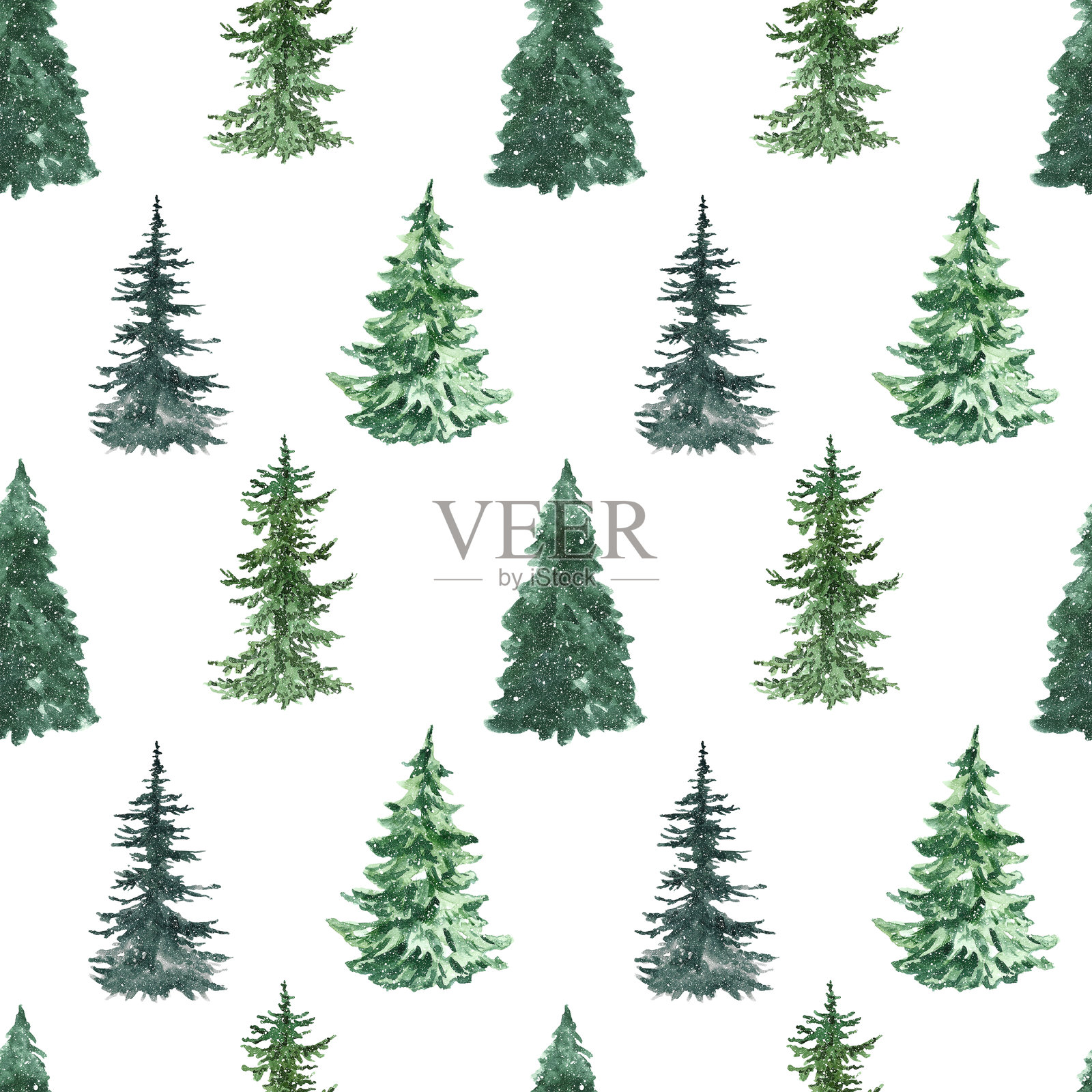 水彩松树无缝图案。手绘云杉森林在白色背景上的重复印刷。冬季插图与常青树。圣诞背景。照片摄影图片