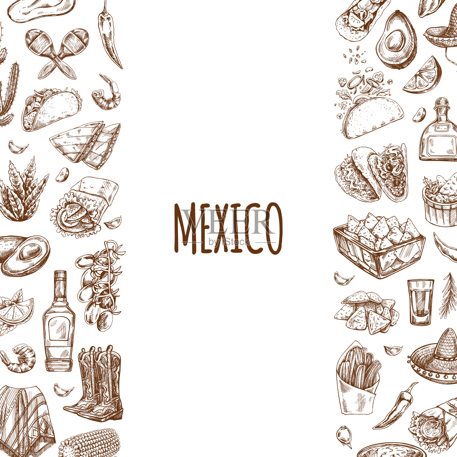 肉类和蔬菜菜单模板，采用雕刻复古风格。手绘的烧烤肉块与香草和调料的素描。肉类餐厅的背景。插画图片素材