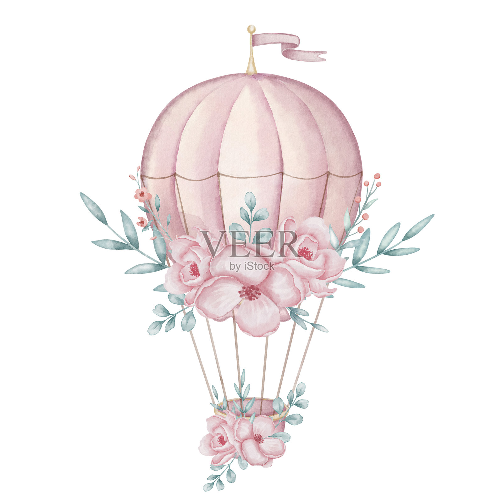 水彩粉色热气球，配有花朵和叶子。适合儿童设计的复古飞机插图，采用柔和的色彩。适合小女孩的海洋气球海报和儿童房墙面艺术。照片摄影图片
