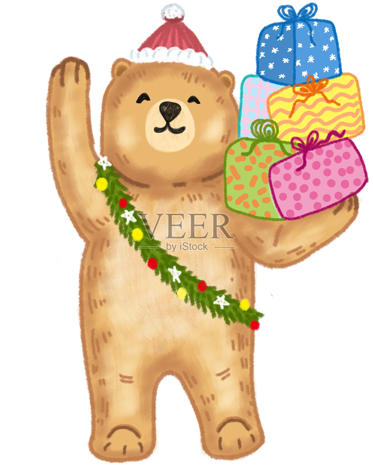 戴圣诞帽的泰迪熊和圣诞礼物。圣诞快乐。卡通角色插图，背景为白色。手绘的粉彩、蜡笔、油画棒和粉笔画。照片摄影图片