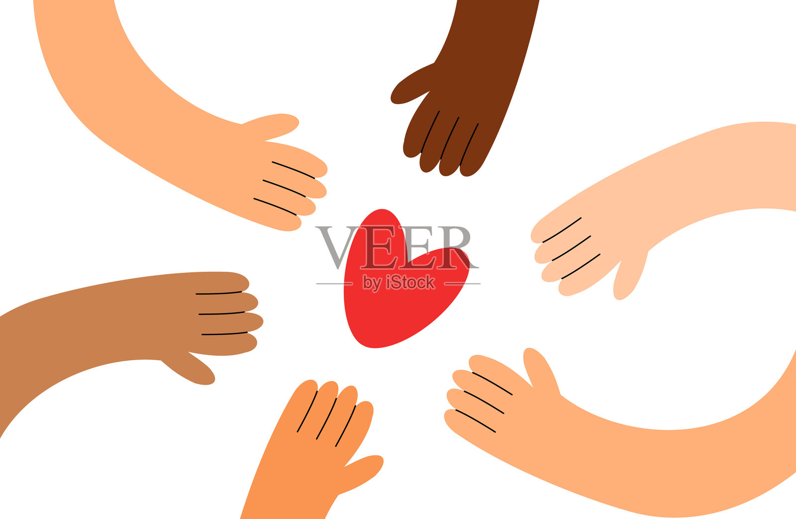 不同肤色的心与手，代表多种族群体。多元种族的人们。扁平矢量插图插画图片素材