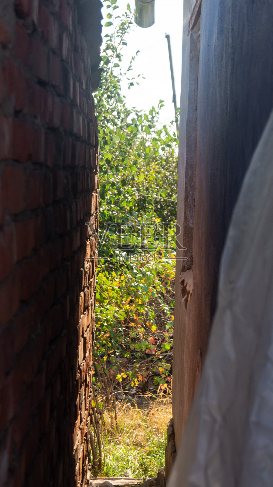 两堵墙之间的狭窄通道，尽头有一道光。通往阳光的狭窄通道。照片摄影图片