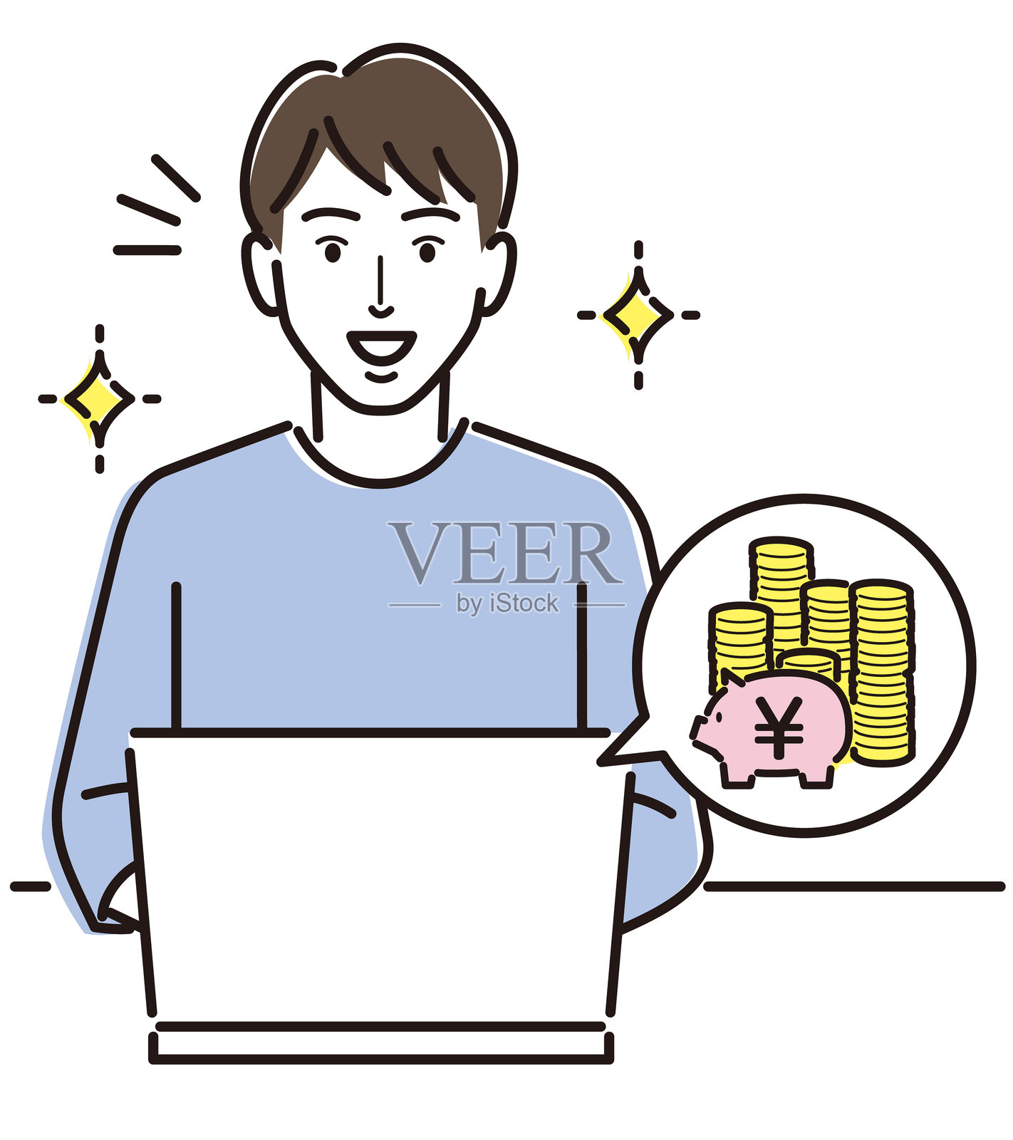 一个男人看到他的在线银行存款时感到惊讶插画图片素材