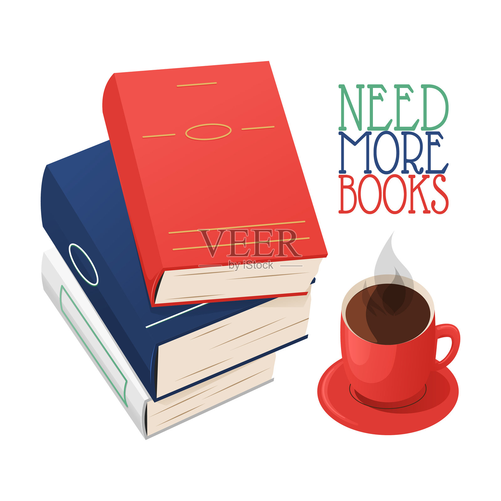 一堆书籍与咖啡，配有“需要更多书籍”的引用插画图片素材