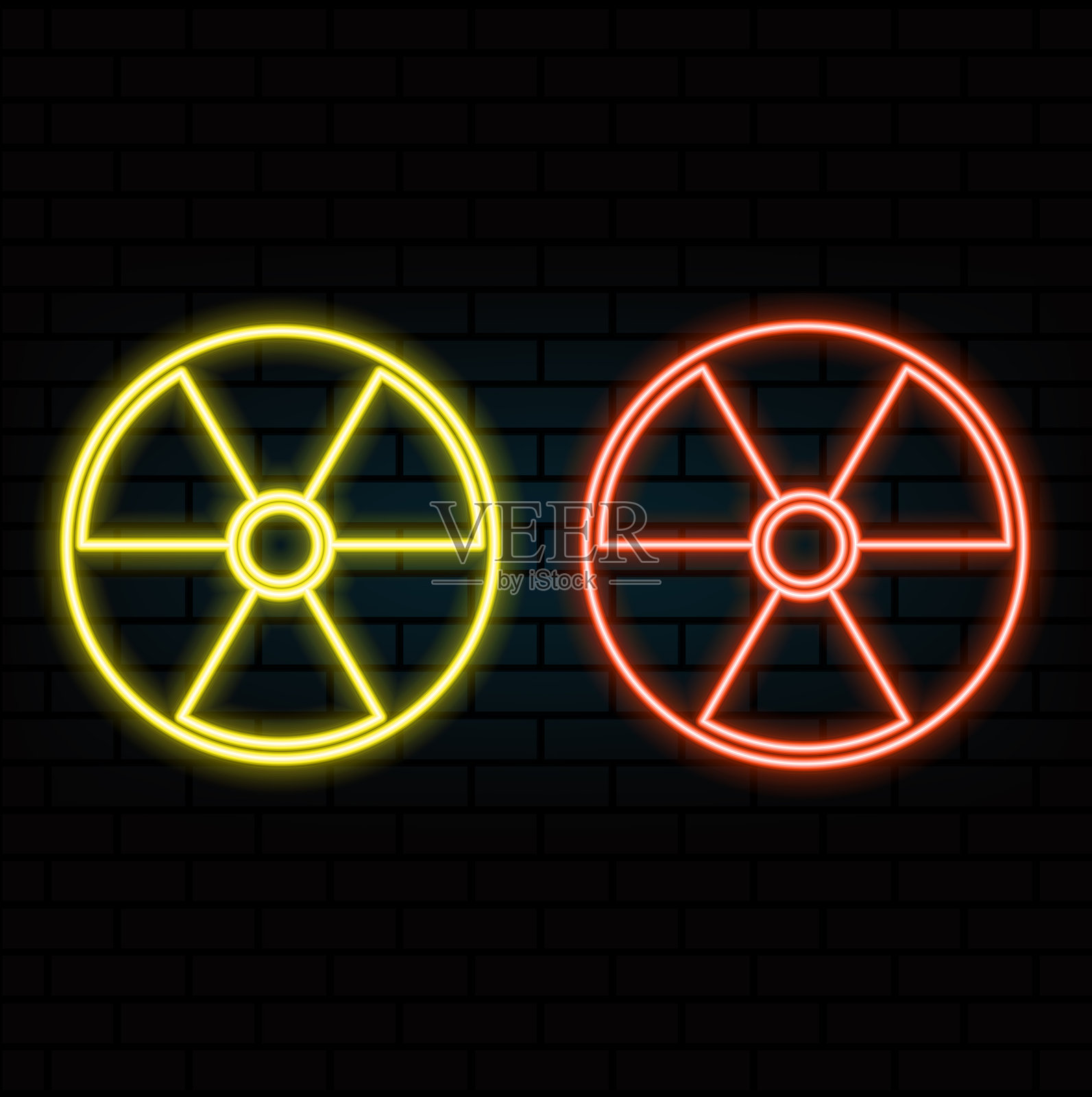 发光的霓虹放射性图标，背景为砖墙。放射性毒性符号。辐射危险标志。矢量插图。橙色。插画图片素材