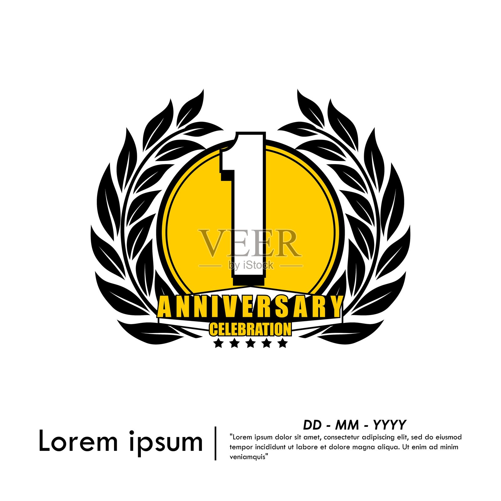 一周年庆祝徽章。带月桂树枝的周年纪念标志，背景为白色。适用于网页、传单、海报、邀请卡或贺卡的矢量插图设计模板。插画图片素材