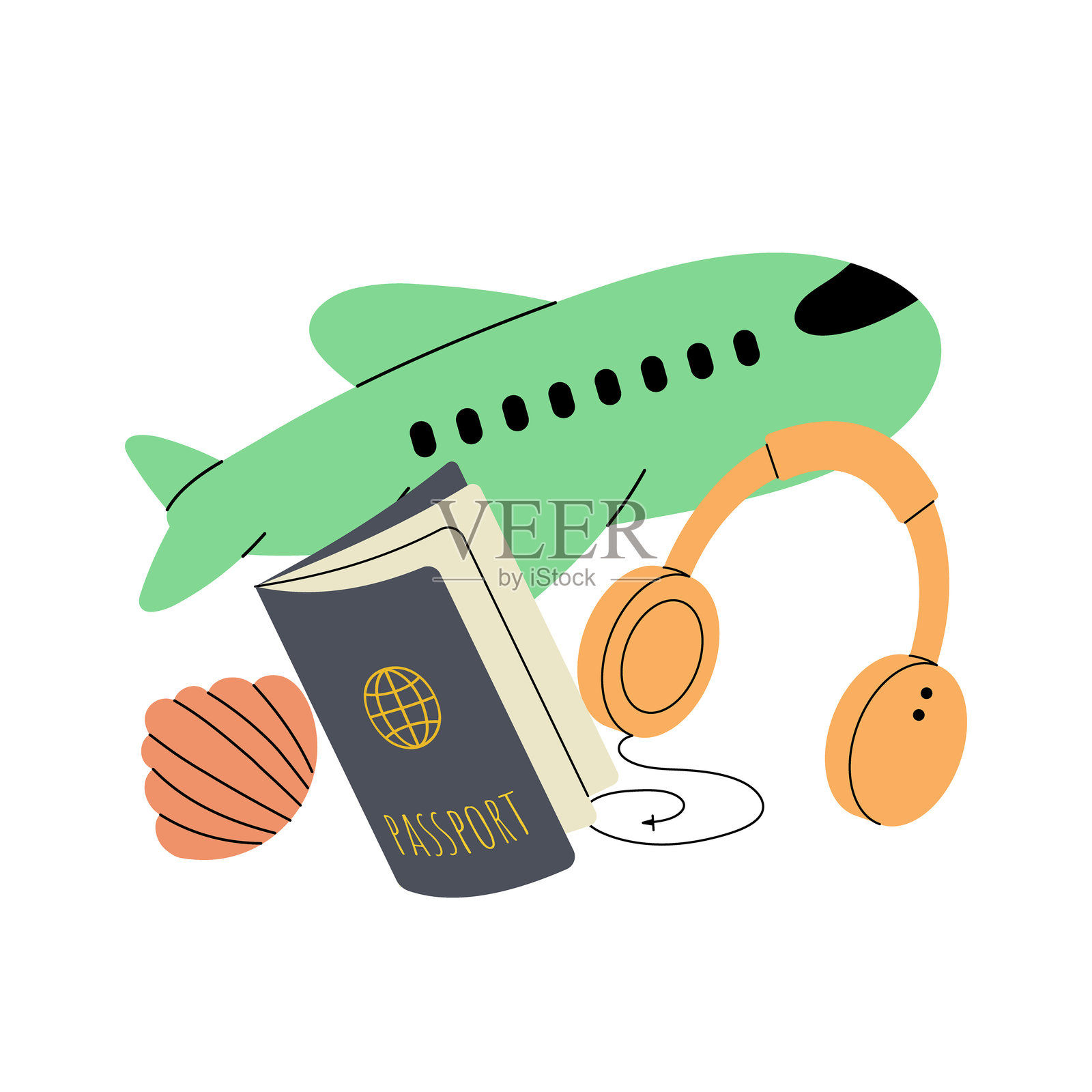 旅行、旅游、度假概念。飞机、护照、耳机、海螺。扁平矢量插图，背景为白色。插画图片素材