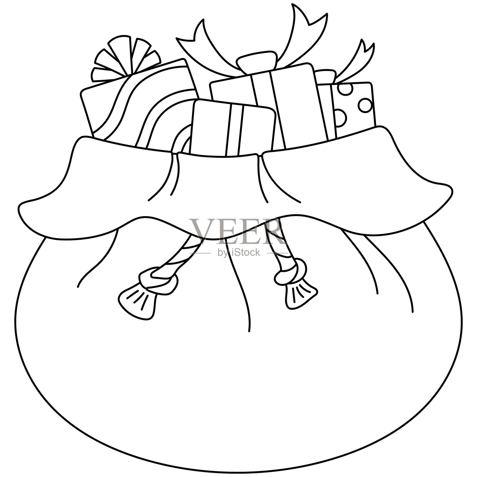 圣诞老人礼物袋或抽绳袋，包含礼物的线条轮廓涂鸦手绘卡通插画图片素材