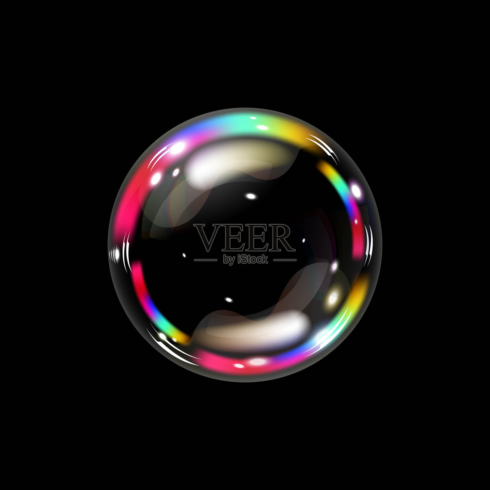 黑色背景上的肥皂泡色谱。逼真的气泡3D图形，具有光泽和透明效果。矢量插图插画图片素材