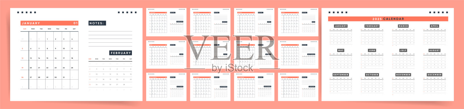 现代2025年日历，带有备注区，极简风格的橙色和白色设计，包含月度和年度概览插画图片素材