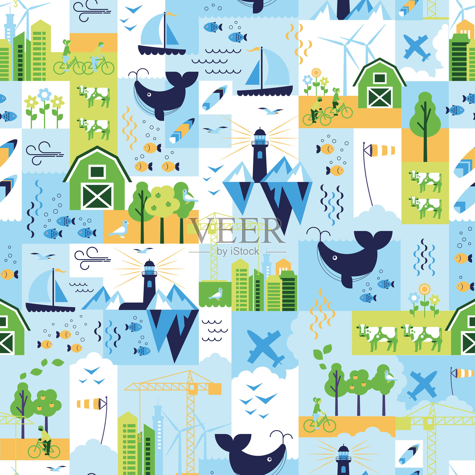 展示自然和各种冒险场景的美丽多彩图案插画图片素材