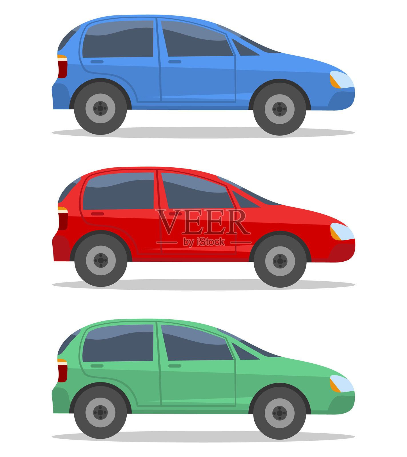 一组多彩的乘客汽车，孤立在白色背景上，带有阴影。汽车集合。矢量设计插图。插画图片素材