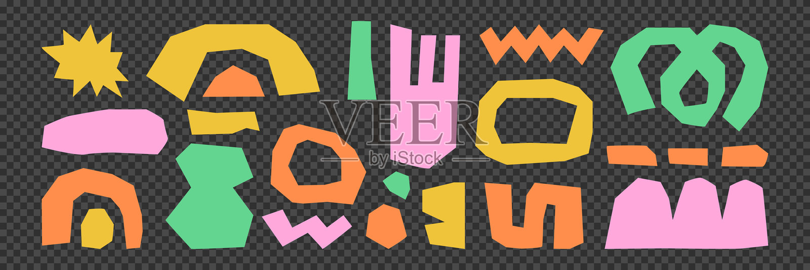 时尚的矢量抽象剪切片。纸质剪贴。手绘现代设计，适用于卡片和服装印刷。透明背景上的创意拼贴。插画图片素材