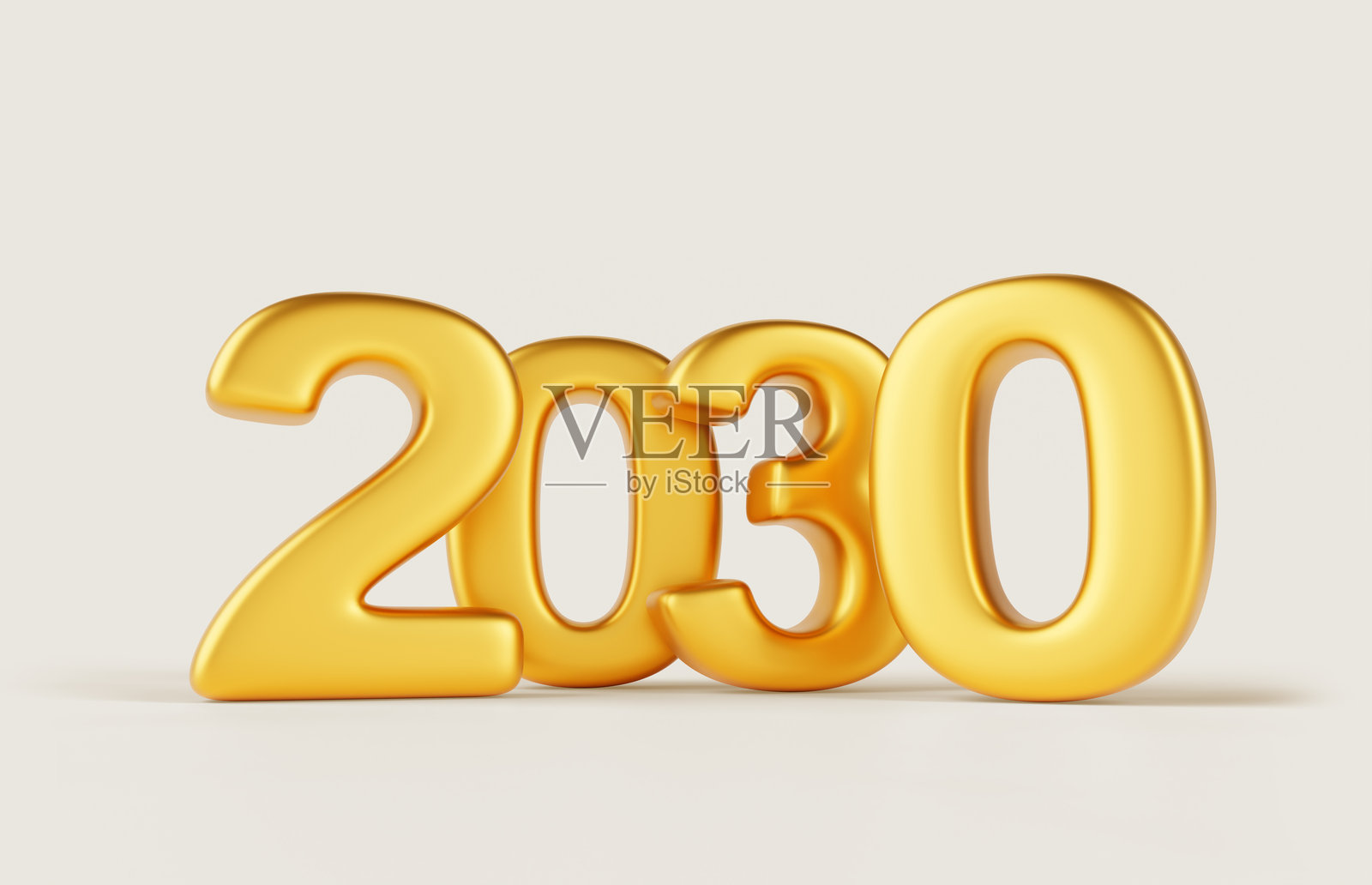2030年快乐新年金色数字设计，白色背景上的3D渲染。优雅的金属字体排版，适用于海报、横幅、日历、贺卡和圣诞庆祝活动。照片摄影图片