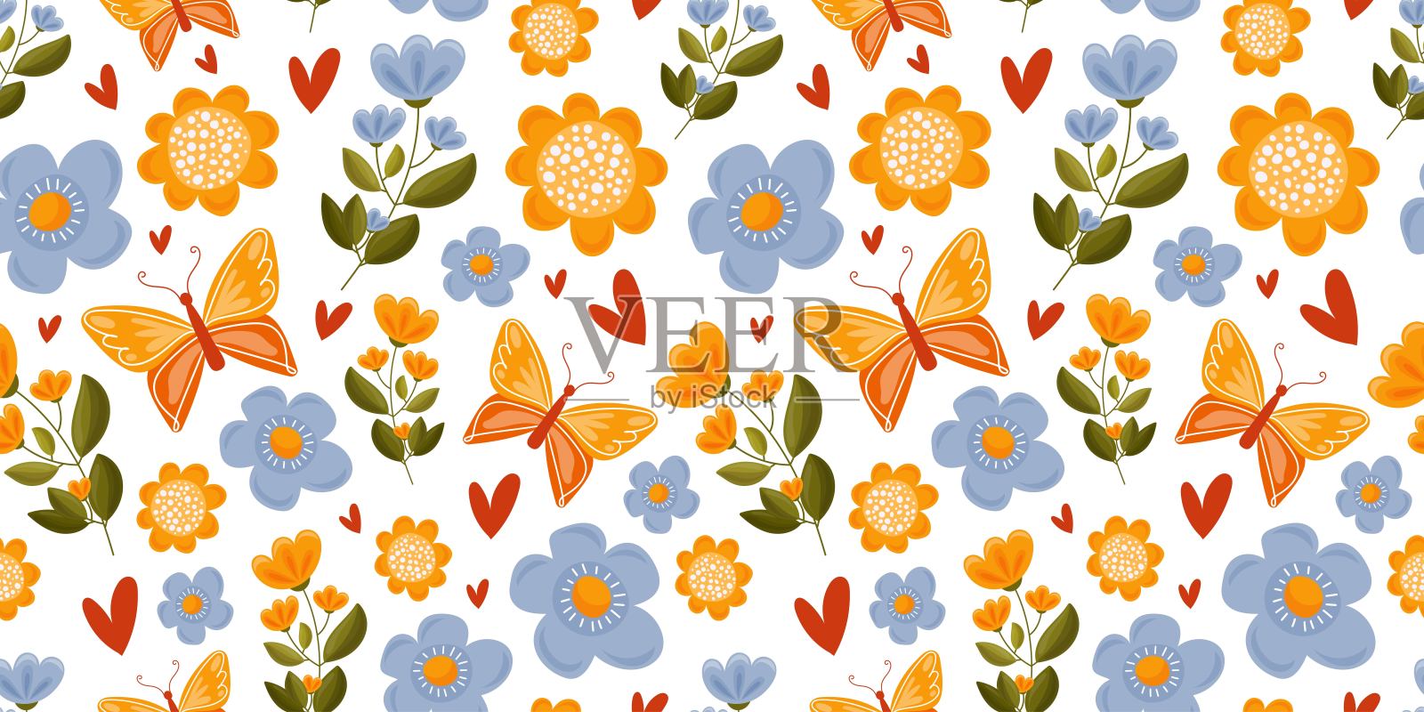 可爱的浪漫花卉图案，包含春天的花朵、叶子、树枝和蝴蝶。非常适合复活节贺卡、横幅、纺织品和壁纸。插画图片素材