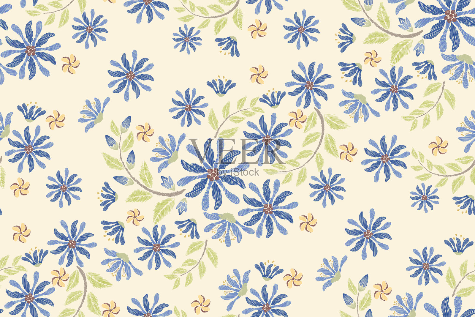 面料图案设计。复古花卉无缝现代风格。手绘小花矢量插图的花卉壁纸。插画图片素材