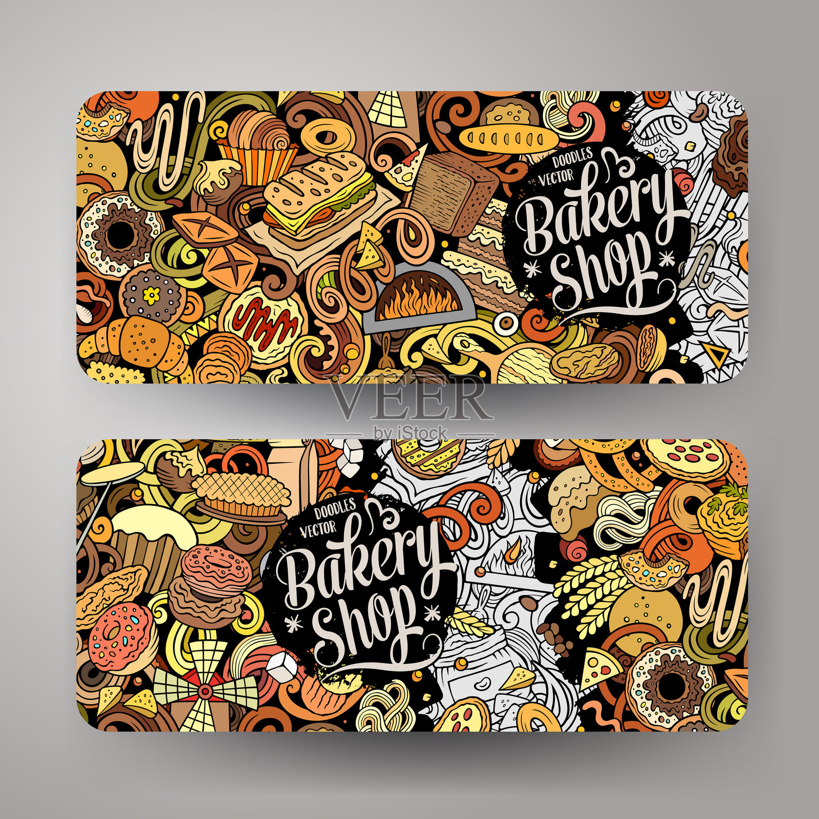 卡通矢量涂鸦面包店横幅模板集插画图片素材