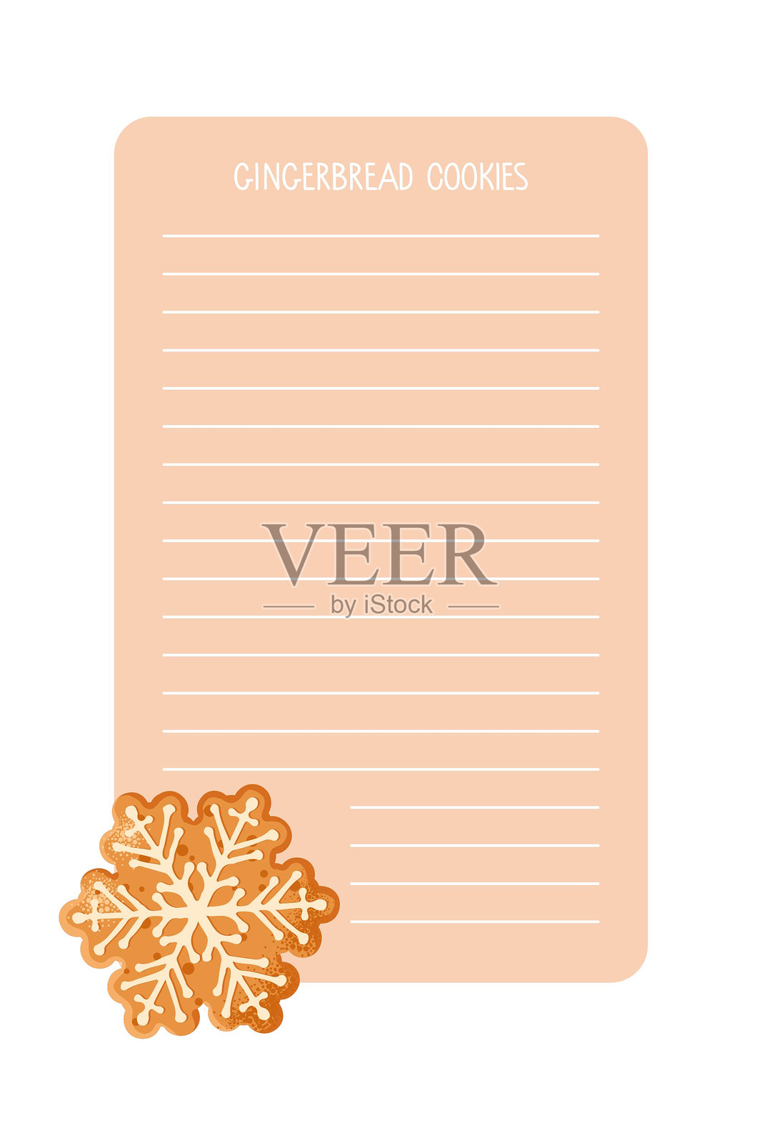 姜饼雪花形状饼干的食谱书页面。带有空白行的页面，供写食谱使用。美味的自制圣诞饼干。矢量图，背景为白色。甜美的烘焙点心。插画图片素材