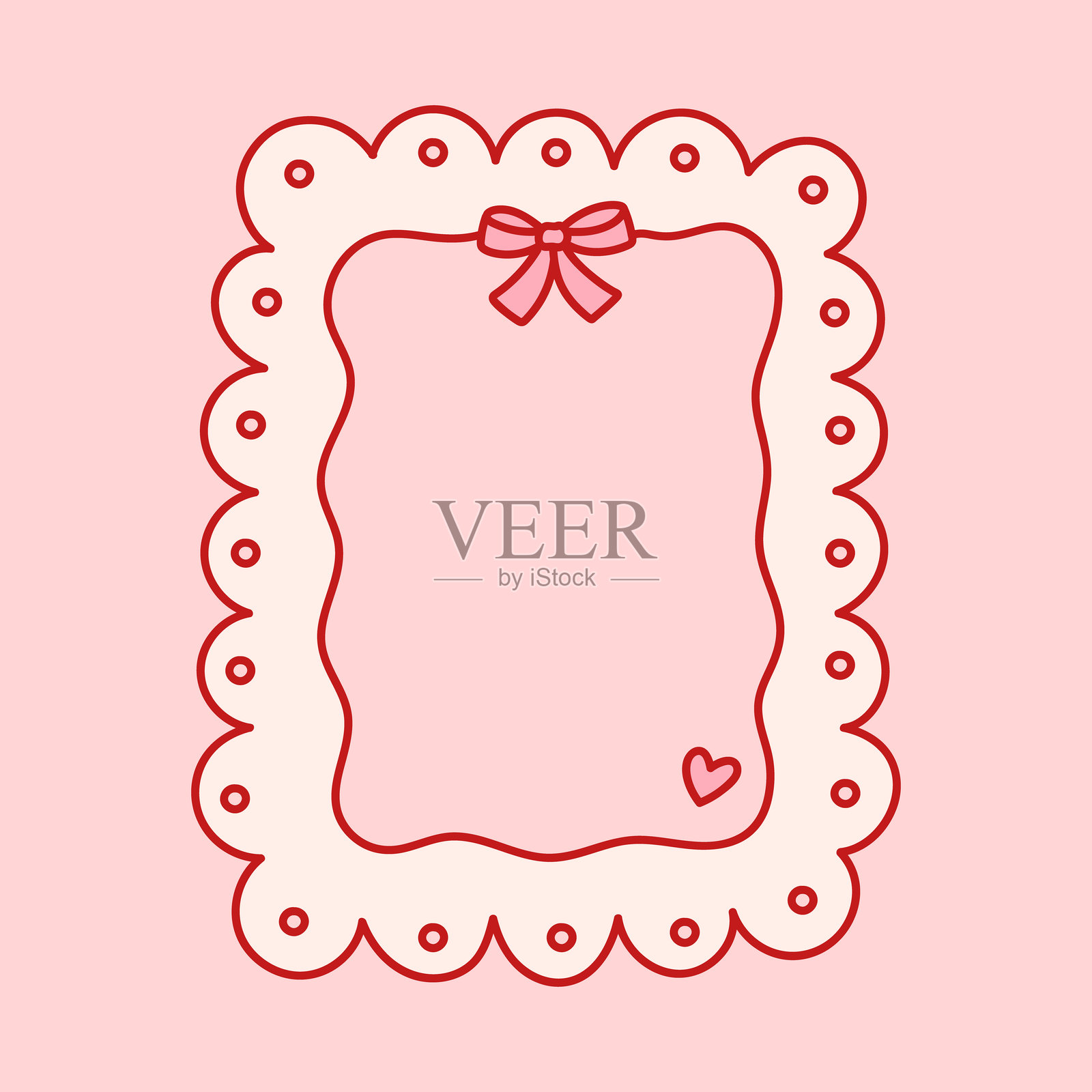 迷人的漂亮边框，配有粉色蝴蝶结、蕾丝和心形图案。节日时尚边界。适用于贺卡、婚礼、邀请函和社交媒体的复古背景。插画图片素材