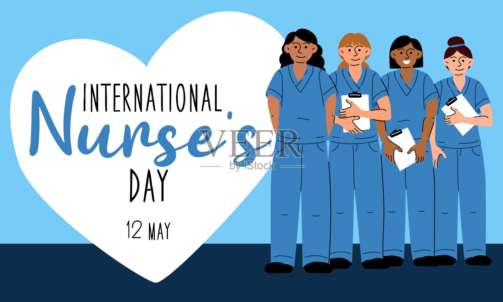 国际护士节。快乐护士节的概念。医学教育。医疗保健的概念。心脏。多样性，蓝色，平等，女性化。矢量插图设计。5月12日插画图片素材