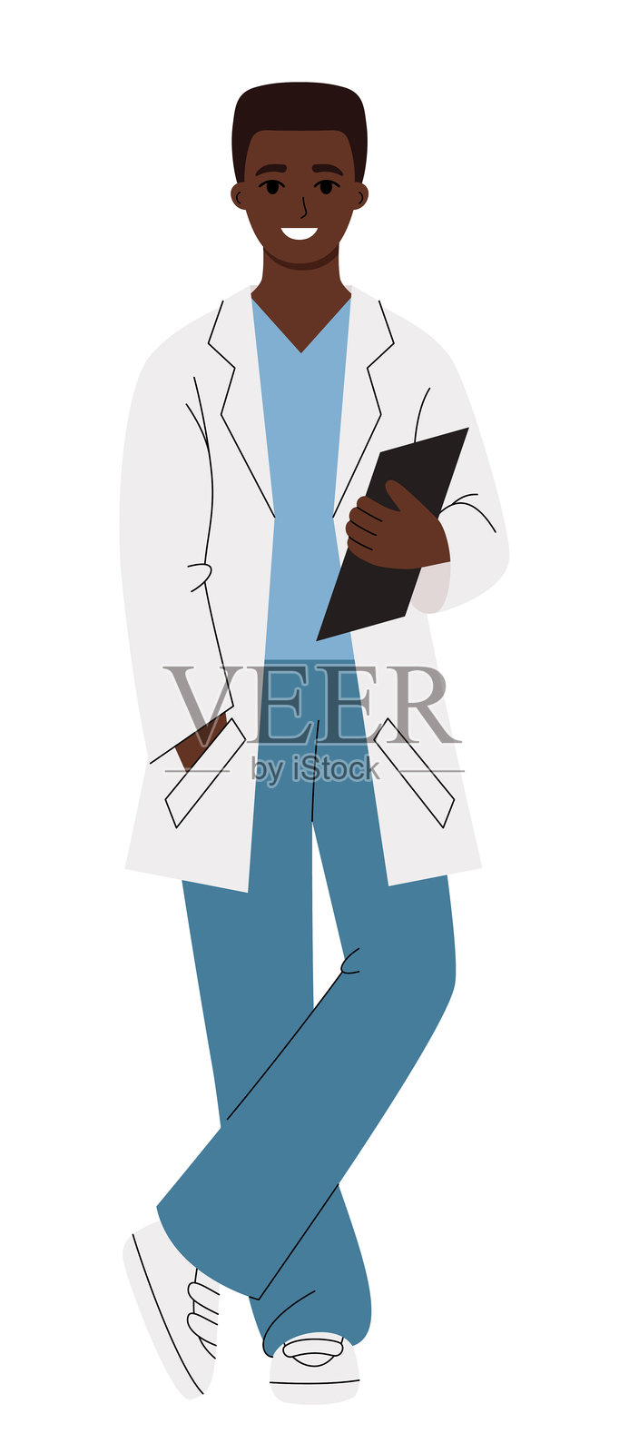 矢量孤立插图。医生手持夹板。黑人年轻男性插画图片素材