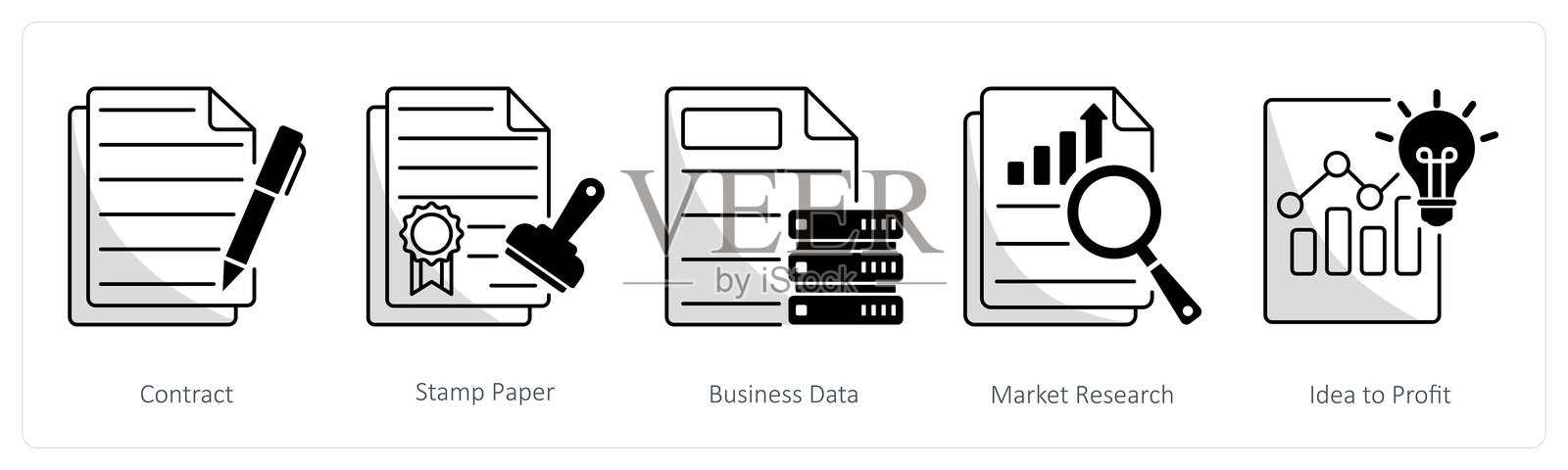 一组5个商业图标，包括合同、印章纸和商业数据插画图片素材