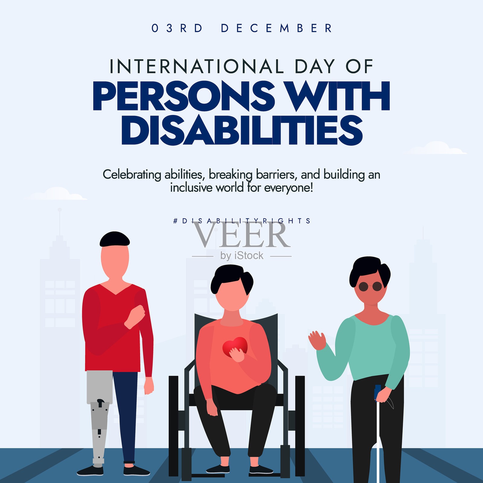 国际残疾人日。12月3日残疾人庆祝活动社交媒体横幅，展示不同残疾人士。矢量插图插画图片素材