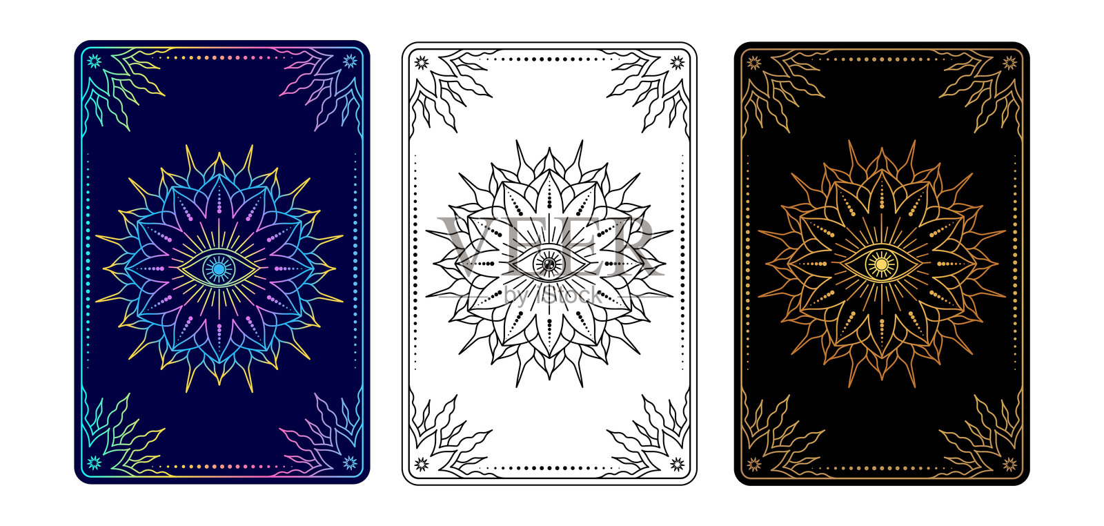 不同设计变体的全视之眼塔罗牌。插画图片素材