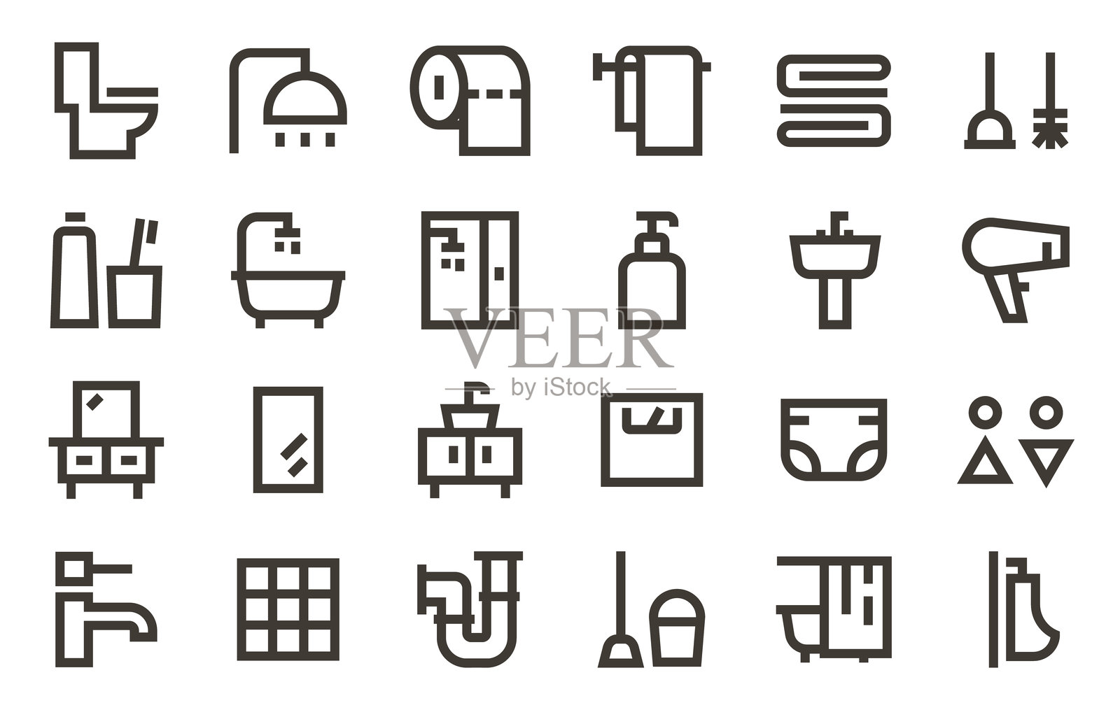 卫生间马桶图标集。极简几何线条设计，适用于卫生、卫浴、厕所和家居室内设计。插画图片素材