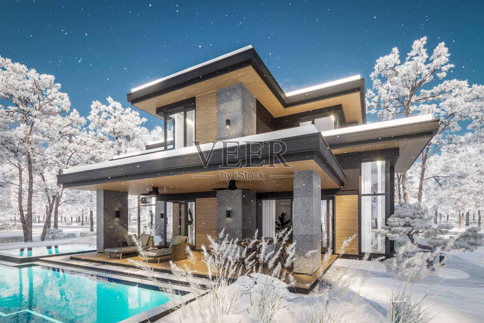 现代两层房屋的3D渲染，灰色和木质装饰，冬季白天照片摄影图片