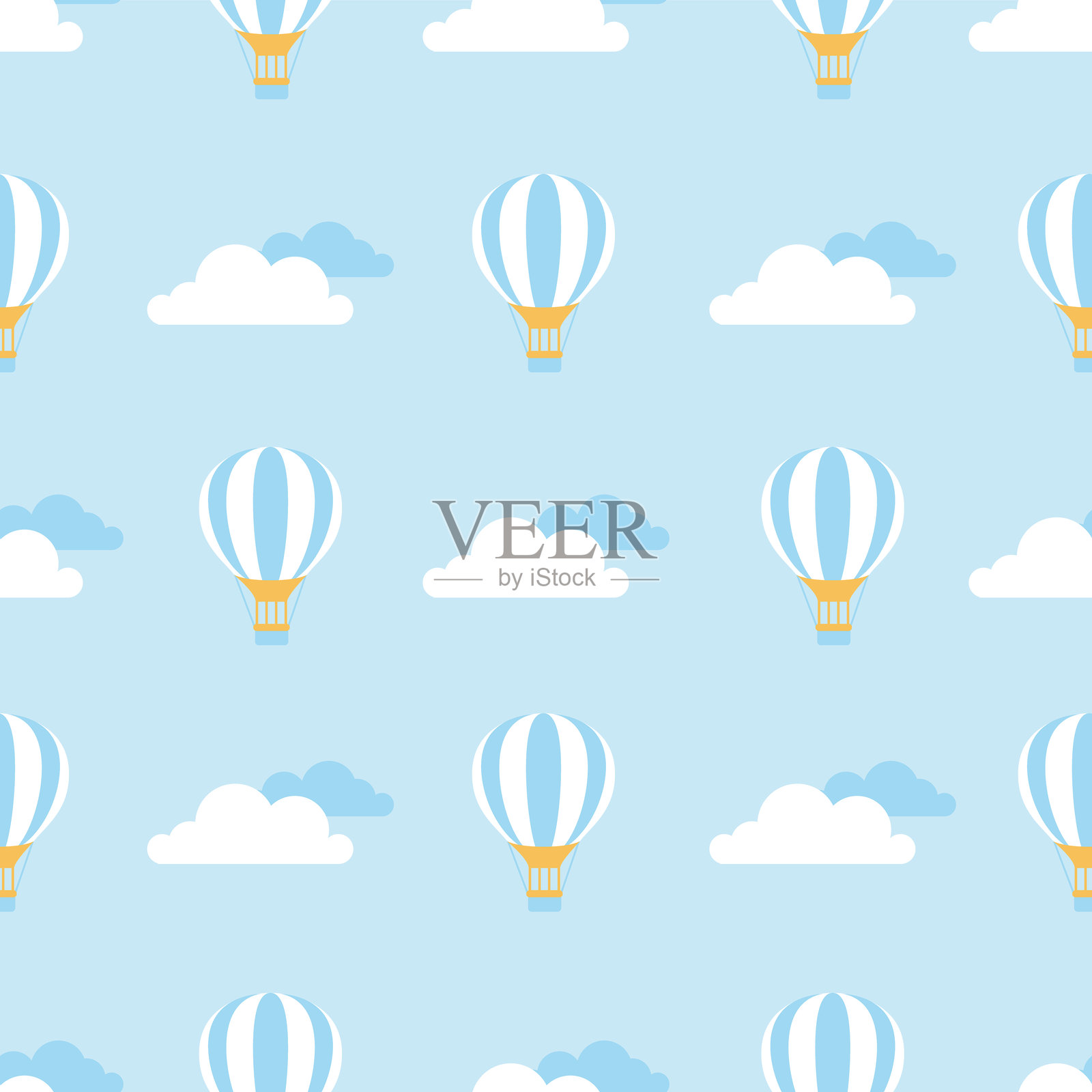 一个充满活力和色彩的图案，展示热气球在柔软、蓬松的云朵中漂浮。插画图片素材