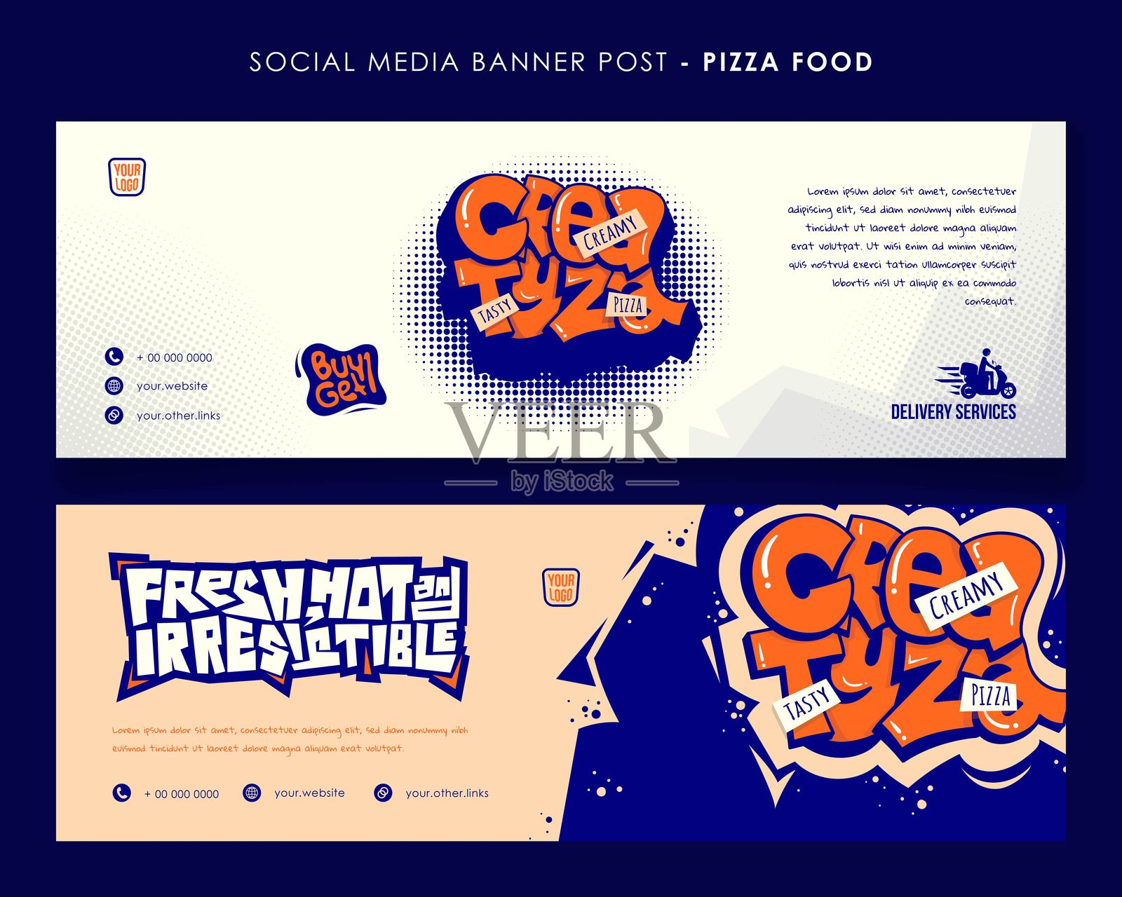 以奶油美味披萨字样的排版设计的风景横幅模板。街头美食横幅模板。插画图片素材