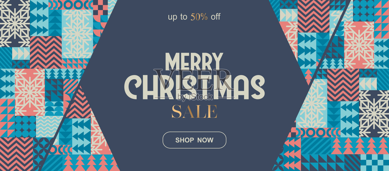 圣诞快乐促销矢量插图，背景有雪花和包豪斯抽象几何形状。现代平面设计图案模板，用于广告、海报印刷、横幅、卡片和传单。插画图片素材