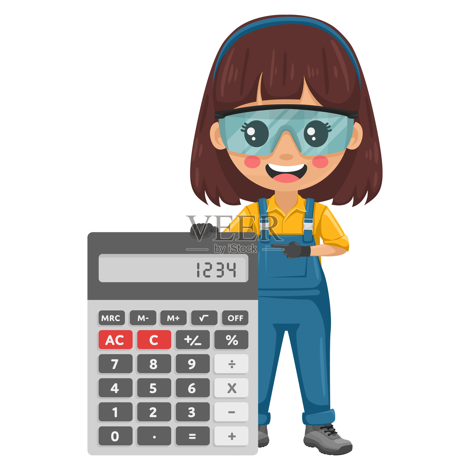 使用计算器进行财务分析、会计和预算计算的维修技术员。专注于维护任务和工业及家庭环境修理的女维修工。插画图片素材