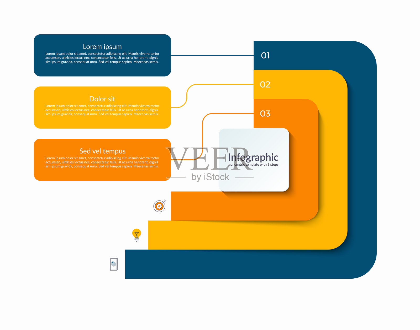 三步层叠同心图表信息图模板。流程图、循环图、用于演示、报告、宣传册、网页和数据可视化的矢量横幅。插画图片素材