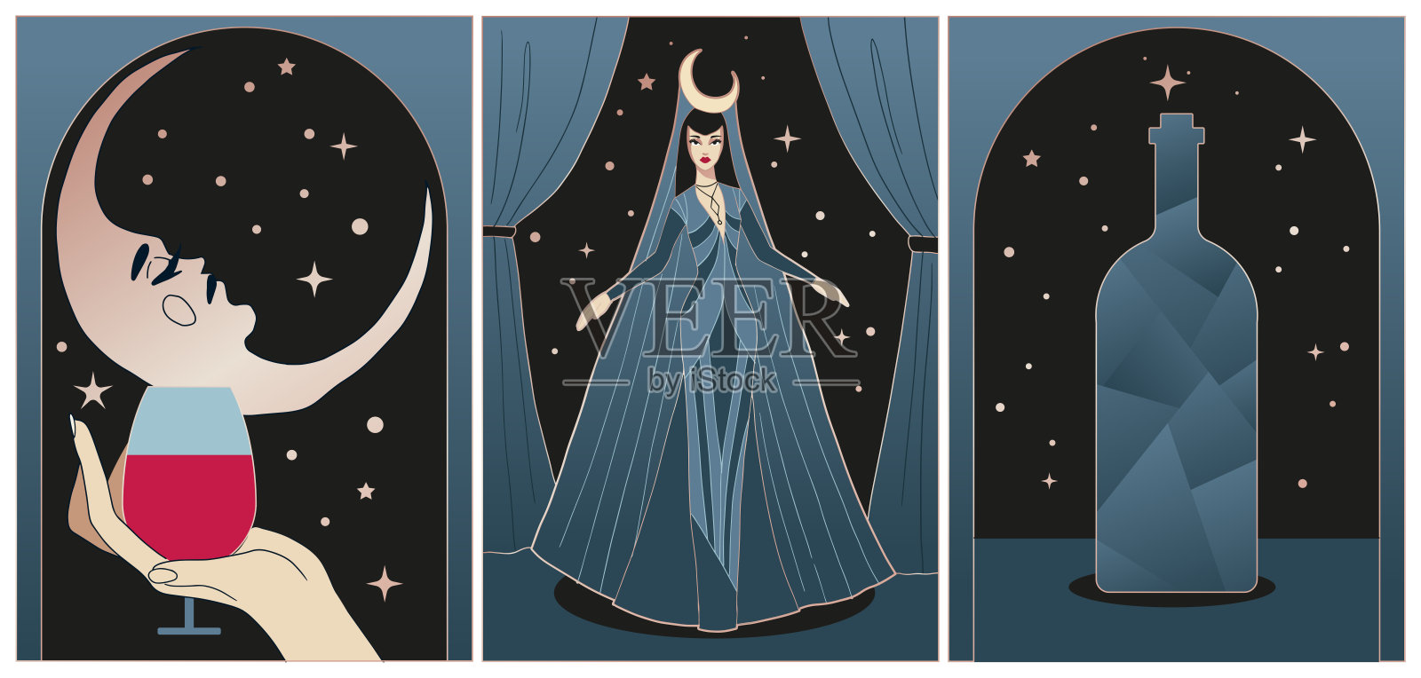 幻想手绘艺术装饰插图，月亮主题，神秘，黑暗艺术插画图片素材