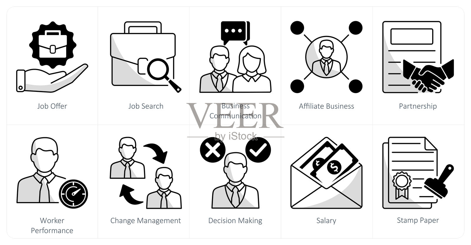 一组10个商业图标，包含职位招聘、求职和商业沟通主题插画图片素材