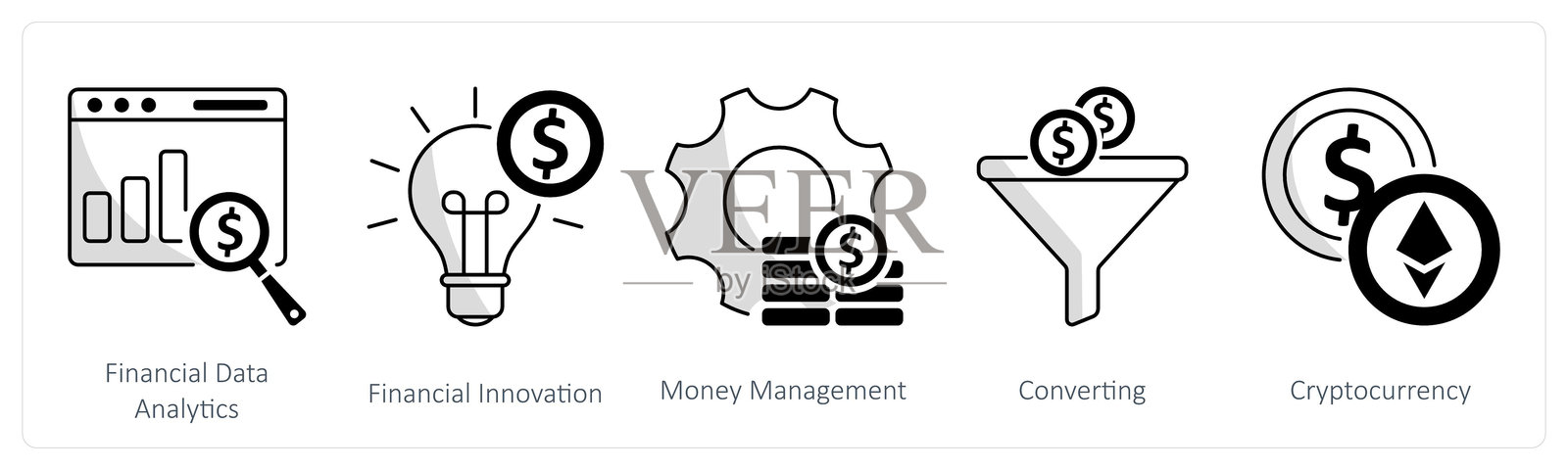 一组5个区块链图标，代表金融数据分析、金融创新和资金管理插画图片素材
