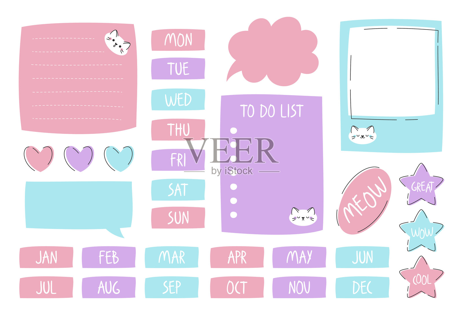 彩色猫咪文具套装，包括待办事项清单、计划本、书签、相框和贴纸。插画图片素材